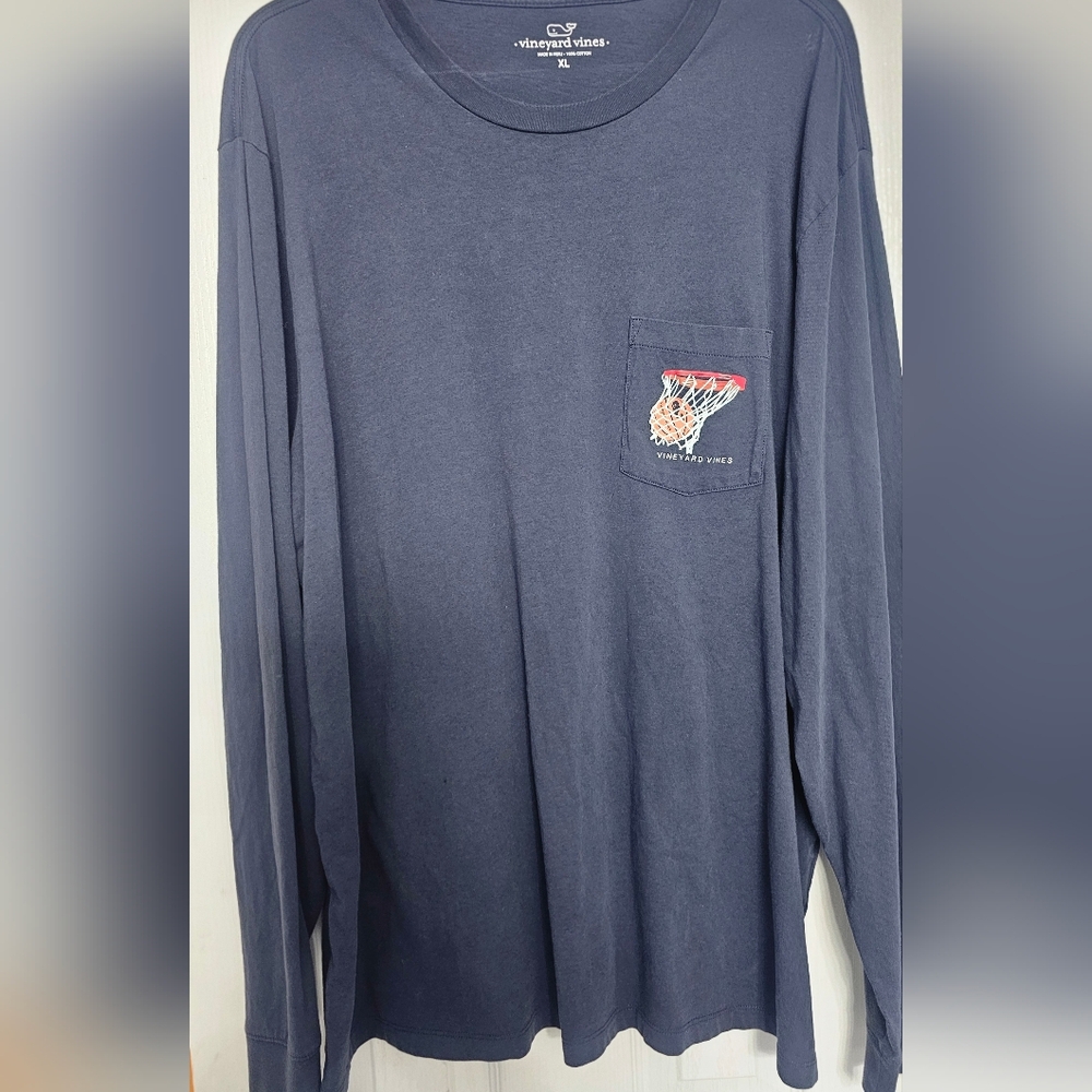 Vineyard Vines long-sleeve pocket t-shirt features a navy blue Basketball Theme